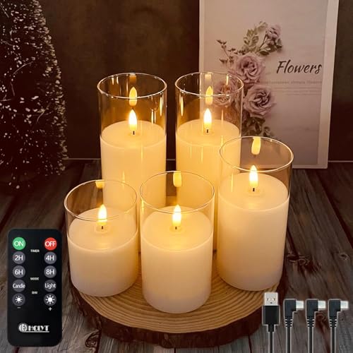 White Glass Flickering Flameless Candles Set of 5 - Rechargeable LED Décor