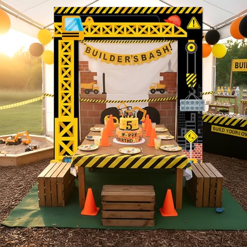Construction Door Banner Set - Party Decorations for Construction Theme Events - Includes Top & Porch Banners - Yellow Excavator Design - Variation: Construction