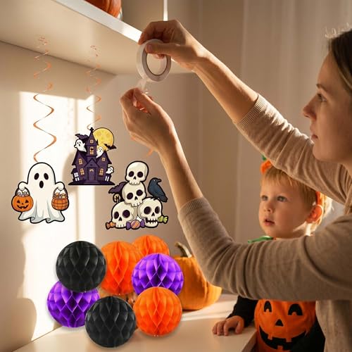 Halloween Party Decorations Indoor - Purple Orange Black Banner Pom Poms Swirls - Variation B