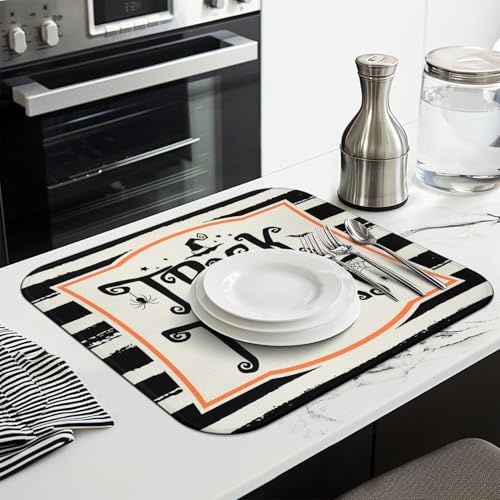 Halloween Trick or Treat Microfiber Dish Drying Mat - 16x18 Inch, Black & White