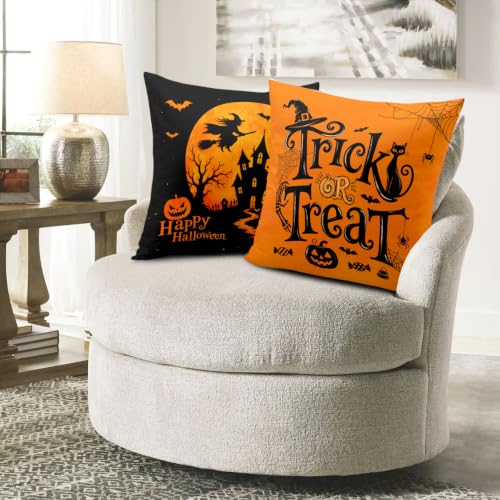 Halloween Outdoor Pillow Covers Set of 2 24x24 Inch Trick or Treat Decor - Orange Black