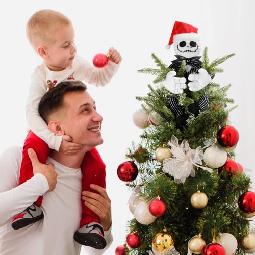 Halloween & Christmas Tree Topper Decorations - Cute Plush Jack Huggers with Santa Hat - Poseable Handmade Party Decor - Jack with Santa Hat Variation