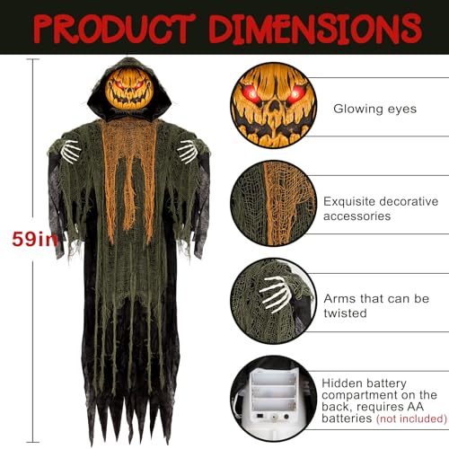 59-Inch Halloween Hanging Animatronic Pumpkin Decoration with Sound Activation - Pumpkin Variation