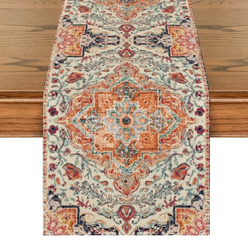 13x120 Inch Boho Bohemia Style Orange Table Runner - Rustic Farmhouse Fall Decor
