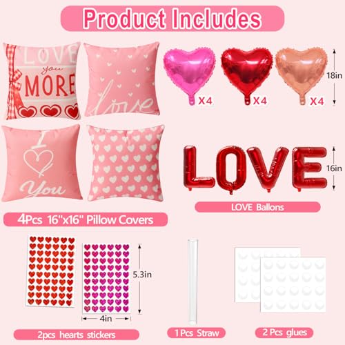 Pink Valentine Pillow Covers Set of 4 16x16 Reversible Double-Sided Decor Kit