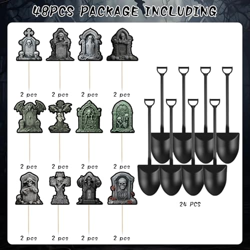 Halloween Cupcake Toppers with Tombstone & Shovel Spoons - Graveyard Cake Decorations, 48 Pieces