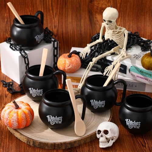 48 Pcs Cauldron Mug Set with Spoons - Double-Sided Print, Black Halloween Theme