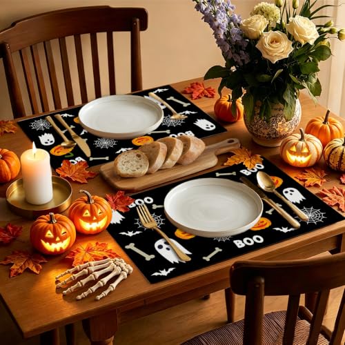 Halloween Pumpkin Placemats Set of 4 - Fall Table Decor 12x18 Inch - Halloween Decor Variation