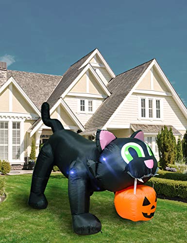8ft Halloween Inflatable Black Cat & Pumpkin with LEDs - Outdoor Decor