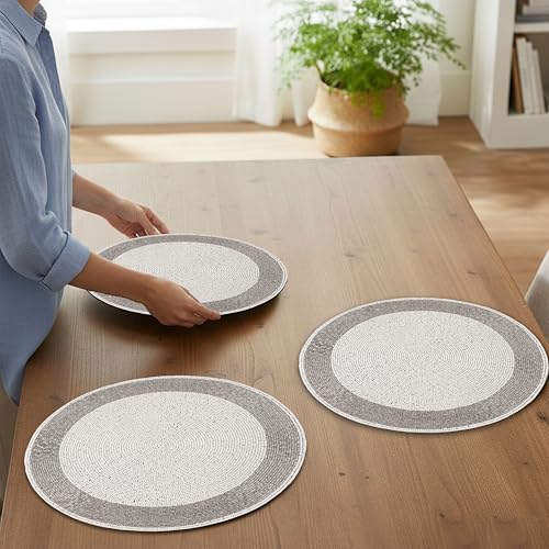 Alpha Living Home Silver White Beaded Round Placemats Set of 4 - 13 Inch Table Decor