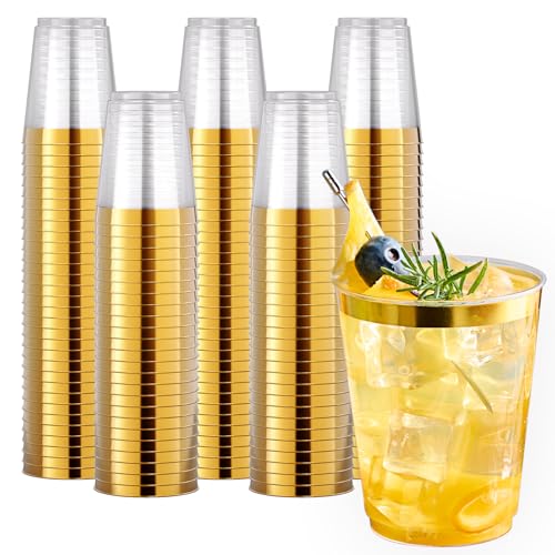 Gold Rimmed Disposable Plastic Cups 10 oz - 200 Pack | Elegant Heavy-Duty Party Cups - GoldRim-10oz-200