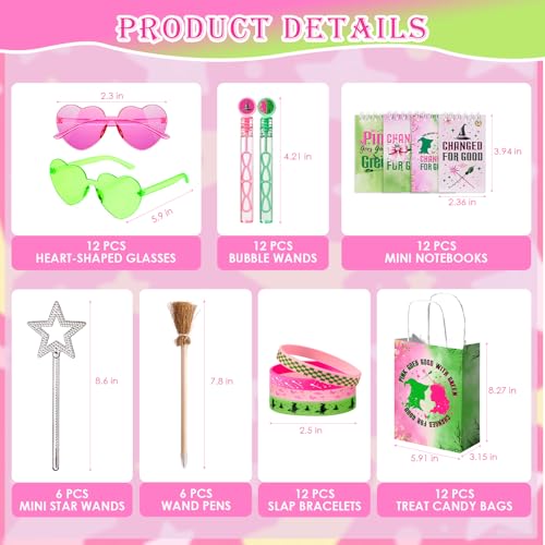 Pink and Green Witch Party Favors Set with Wands, Notepads, Glasses, Bracelets, Gift Bags, and Bubbles - 72 Pieces