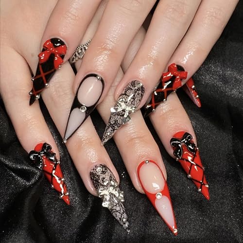 Long Stiletto Press-On Nails with Rhinestones & Bow - Red & Black Goth Style, 24pcs (Variation: 6507BlackRed)