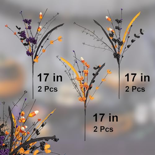 Halloween Floral Picks with Candy and Berries - Purple, Orange, Black - 6 Pack