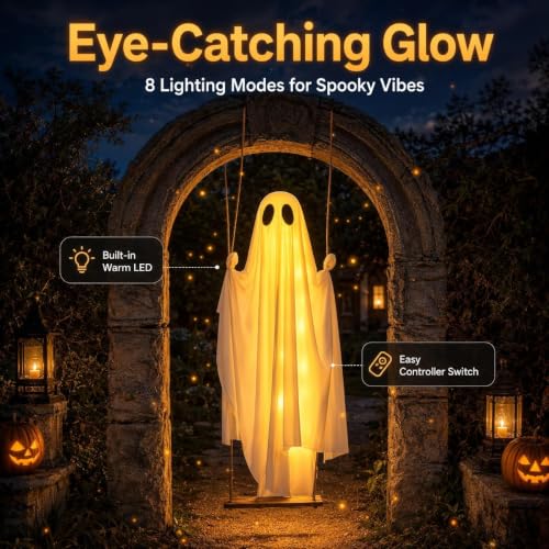 Large 4.3 Ft Hanging Ghost Decoration with LED Lights for Halloween Yard