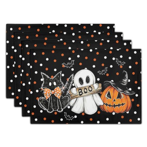 Halloween Placemats Set of 4 - Black Cat Pumpkin Ghost Bat Linen Table Mats - Heat-Resistant & Washable