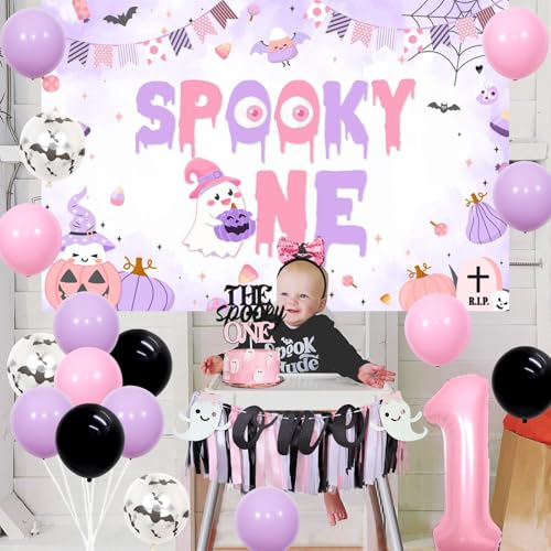 Halloween 1st Birthday Decorations Girl Spooky Party Supplies Pink Purple Black Balloons Cake Topper