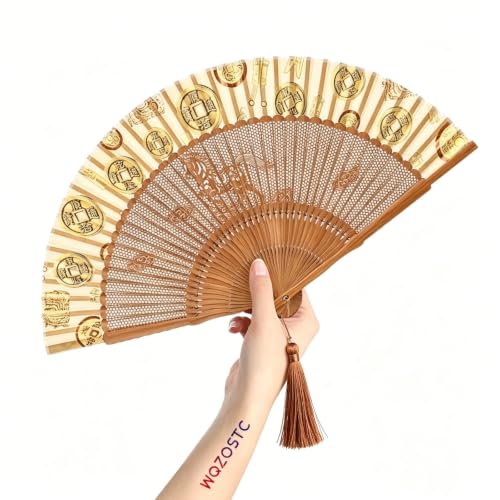 Hand Held Fan for Women Japanese Vintage Bamboo Silk Elegant for Dance Festival Wedding Party - Medium / Get Rich Quick