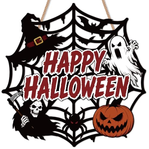Spooky Halloween Wall Decor Signs - Happy Halloween Spider Web Variation