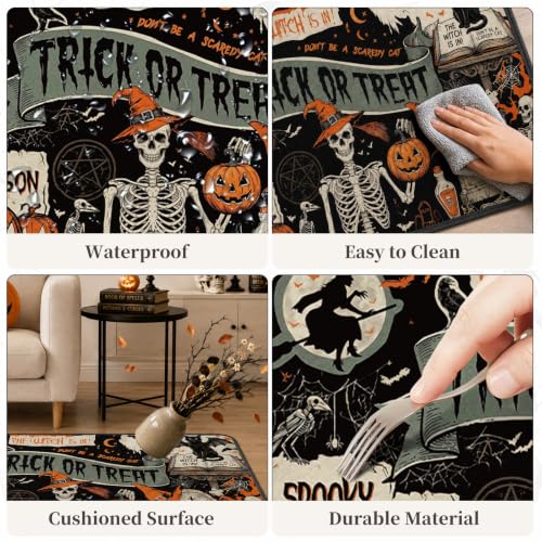 Halloween Skeleton Black Cat Floor Rugs Set of 2 - Vintage Spooky Entryway Mats with Silicone Backing