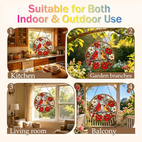 Red Birds Stained Glass Window Hanging Ornament - Suncatcher for Doors & Home Decor - Variation 7.8in