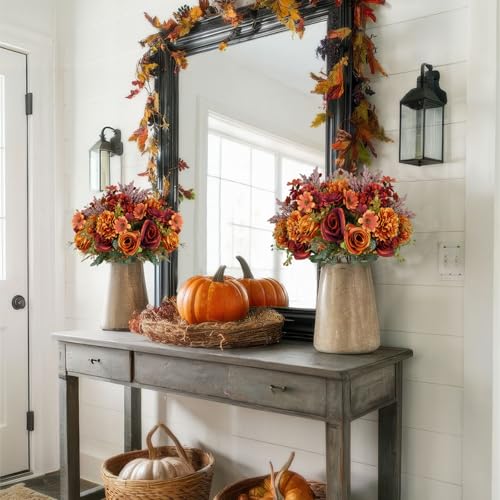 Artificial Fall Flowers Bouquet Set - Orange & Red Faux Autumn Flowers for Decor