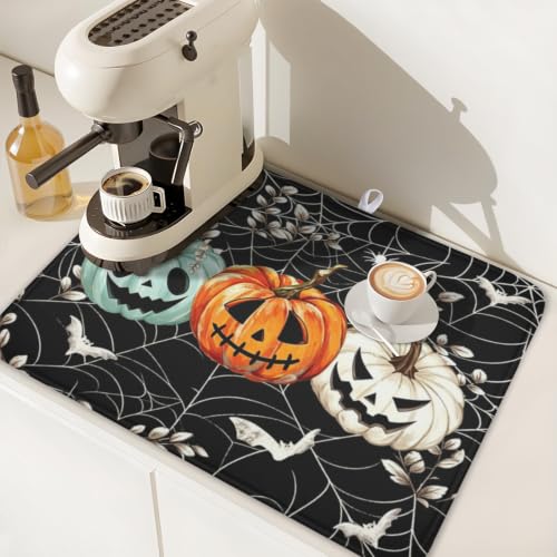 Halloween Pumpkin Dish Drying Mat 18x24 Black Spider Web Spooky Pumpkin – Variation of THIS listing