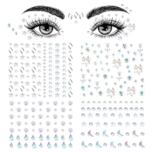 Self-Adhesive Face Gems Stickers Set A - 4 Sheets for Makeup & DIY Decor