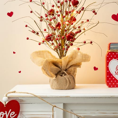 Valentine Led Lighted Artificial Heart Tree - 18-Inch Rustic Valentine’s Day Centerpiece