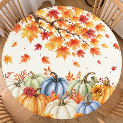 Fall Pumpkin Round Fitted Tablecloth Orange Maple Leaf Waterproof 40-44 Inch