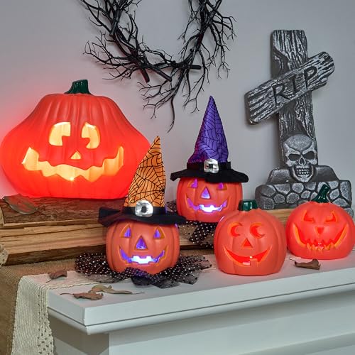 Halloween Pumpkin Decorations Set - Light-Up Plastic Jack O' Lanterns for Indoor Outdoor Display