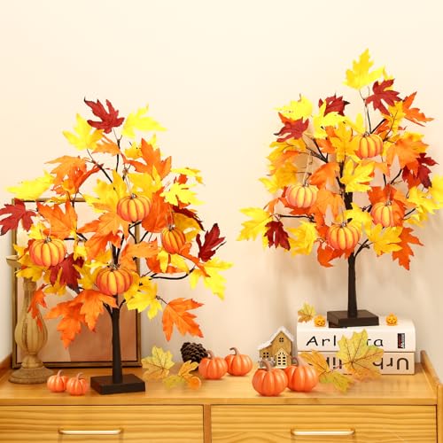 24-Inch Fall Maple Tree Lights Set with Pumpkin Ornaments - Battery & USB Powered Decor