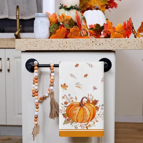 Orange Leaves Pumpkin Fall Kitchen Towels Set - Ultra-Soft Dish Towels, 2 Pack