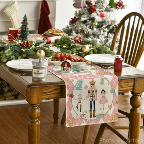 Pink 13x90 Inch Christmas Nutcracker Table Runner - Holiday Home Decor
