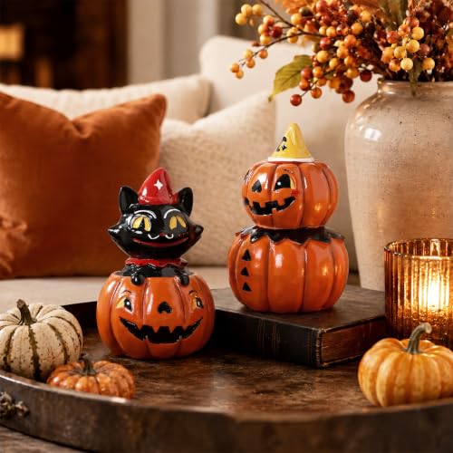 Halloween Decor Black Cat & Pumpkin Resin Figurines - Indoor Festive Table Centerpieces