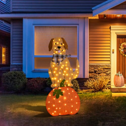 Fall Lighted Outdoor Decor with Labrador on Pumpkin - 47-inch Yard Display with Warm White LED Lights
