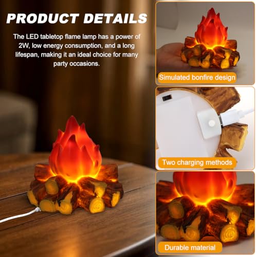 Small Fake Campfire Night Light - 3D Flickering LED Fire Flame with Log for Home Decor
