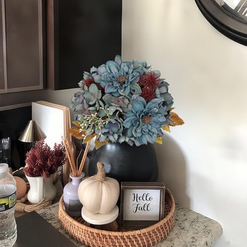 Artificial Fall Flower Bouquet 2 Pack - Blue Silk Dahlia Hydrangea Stems for Home Decor & Weddings