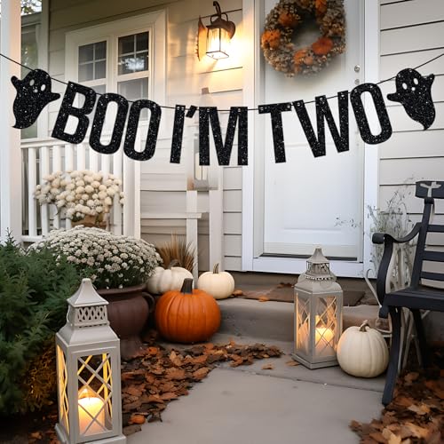 Two Boo I'm Two Banner Halloween Birthday Decorations - Black Glitter