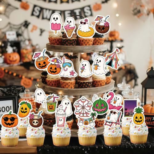 24PCS Halloween Cupcake Toppers Ghost Pumpkin Tropical Party Decorations
