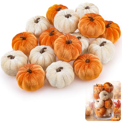 16 Pcs Faux Velvet Pumpkins Fall Harvest Decor Set - Rustic Autumn Colors