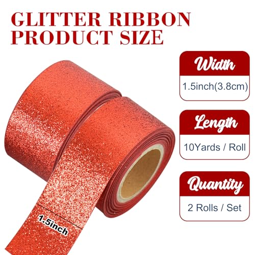 Red Glitter Ribbon 1.5 Inch Wide - Sparkling Gift Wrap & Craft Decoration, 2 Rolls of 10 Yards