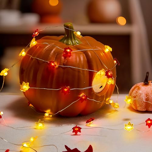 Fall Decorations for Home 12.8FT 40 LED Maple Leaf String Lights - Battery Operated with Timer