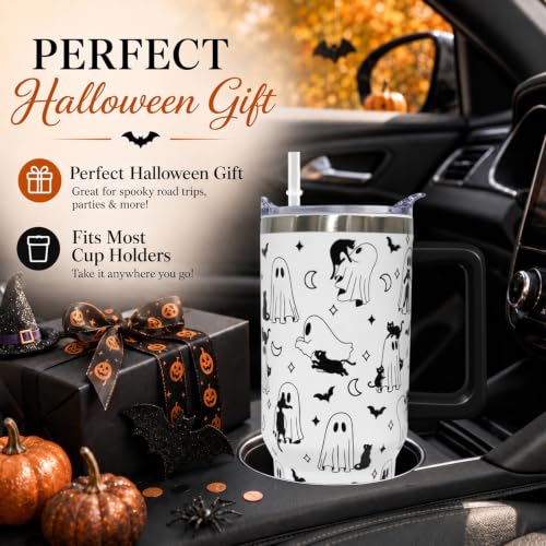 Halloween Ghost Cat Tumbler with Handle 40oz Insulated Water Bottle - Spooky Gift
