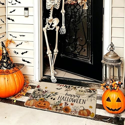 Halloween Door Mat Pumpkin Ghost Spider Web Welcome Doormat 17x29 Inch - Ghost Pumpkins Variation