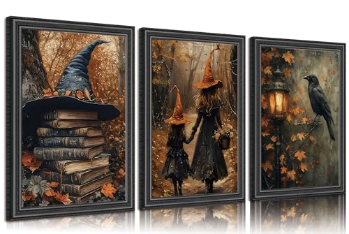 Halloween Canvas Wall Art Set - 3 Pieces 24x16 Inches Gothic Witch Books Crow Autumn Decor