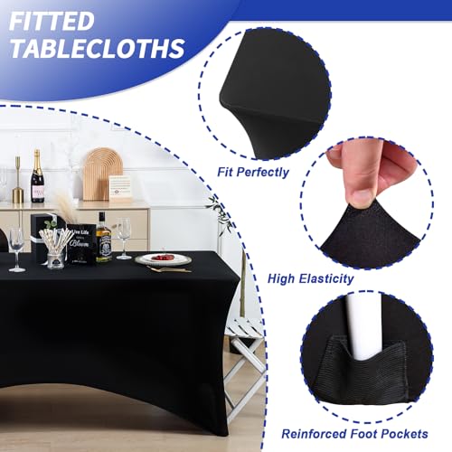Black 6Ft Spandex Fitted Tablecloth Set - 12 Pack for Rectangle Tables - Washable & Wrinkle-Resistant