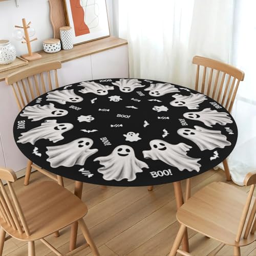 Halloween Round Fitted Tablecloth Spooky Ghosts Bats Waterproof 40-44 Inch - Wood Brown / 60"