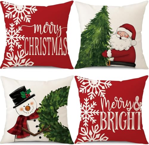 Christmas 20x20 Pillow Covers Set of 4 - Holiday Santa Wreath Snowman Decor