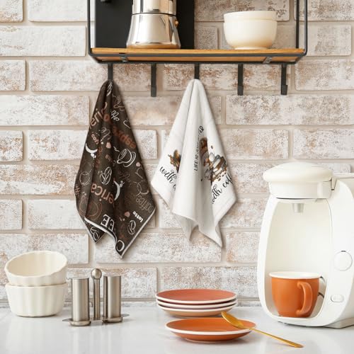 Kitchen Towels Set - 6 Absorbent Coffee Themed Dish Cloths for Cooking & Baking